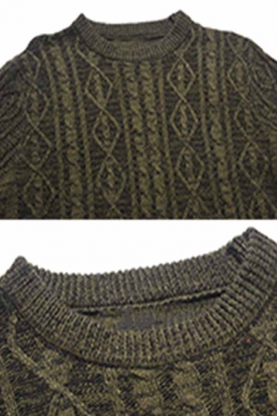 Mens Popular Army Green Long Sleeve Slim Fit Casual Textured Knit Pullover Sweater