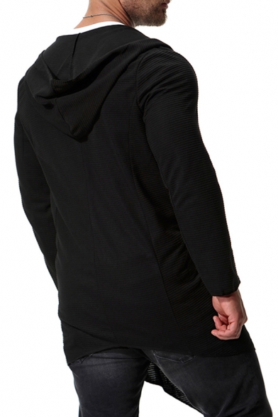 Mens Simple Whole Colored Long Sleeve Open Front Black Tunic Hoodie
