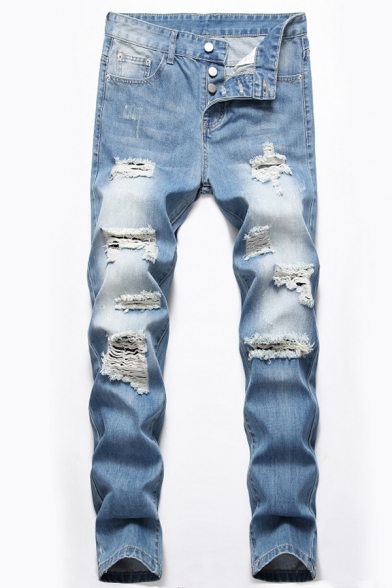 Mens Trendy Light Blue Destroyed Ripped Denim Trousers Button Fly Casual Jeans