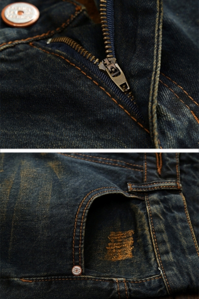 Mens Vintage Contrast Color Ripped Frayed Patchwork Slim Jeans Stretched Denim Pants