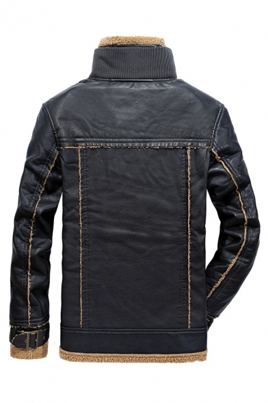 Mens Winter Cool Faux Fur Lined Long Sleeve Zipper Placket Black Thick PU Leather Jacket Coat