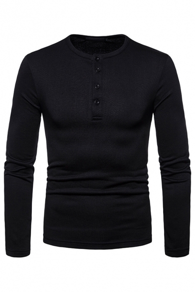 Metrosexual Mens Solid Color Long Sleeve Button Front Slim Fitted Henley Shirt