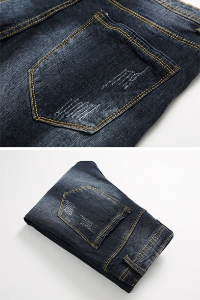 New Stylish Contrast Stitching Black Ripped Frayed Denim Pants Casual Jeans