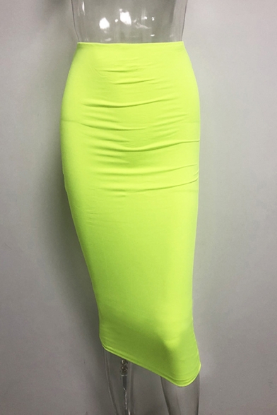 Plain Elegant High Waist Cotton Stretch Mid Tube Skirt for Sexy Women