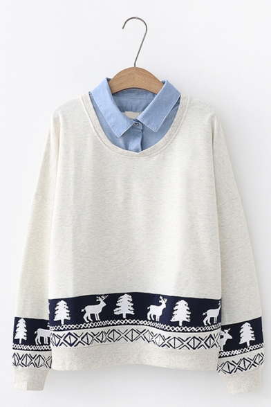 Preppy Chic Patched Collar Long Sleeves Christmas Tree and Elk Pattern Oversided Sweatshirt
