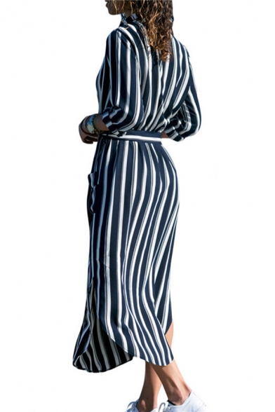Pretty Ladies' Long Sleeve V-Neck Floral Pattern Bow-Tied Slit Side Asymmetric Long Sheath Shirt Dress