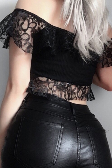 Sexy Dark Bell Sleeve Off The Shoulder Lace Up Lace Trim Hollow Knit Black Fitted Crop Tee for Women