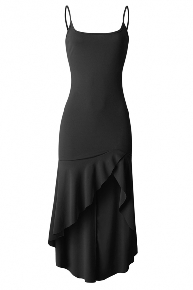 Sexy Trendy Ladies' Sleeveless Ruffled Trim Slit Side Plain Asymmetric Long Pleated Flowy Cami Dress