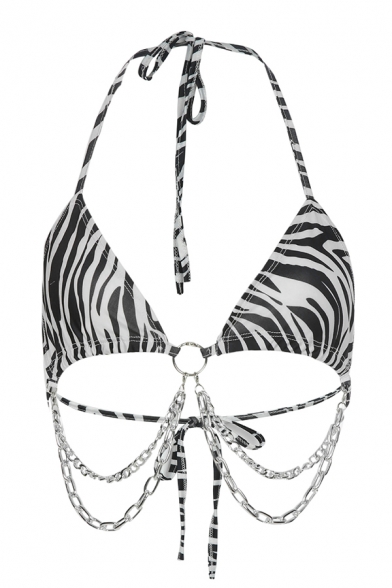 Sexy Women's Sleeveless Halter Zebra Printed O-Ring Chain Tied Back Crop Bikini Top in Black