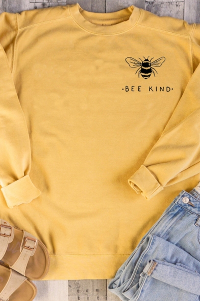 Simple Style BEE KIND Letter Print Long Sleeve Pullover Sweatshirt for Women