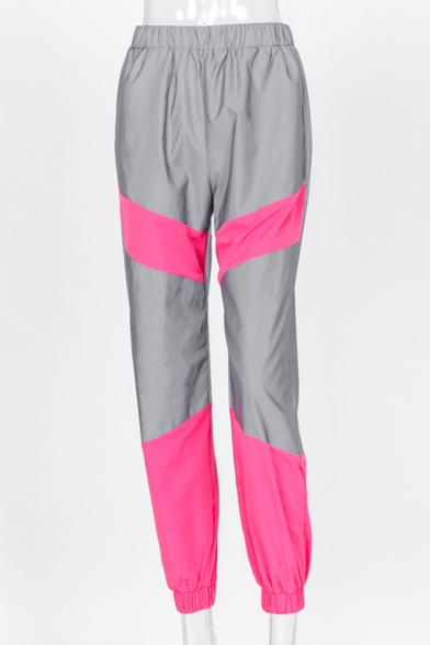 Sport Lounge Elastic Waist Contrasted Reflective Cuffed Full Length Oversize Jogger Pants for Women