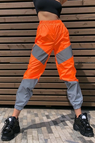 Sport Lounge Elastic Waist Contrasted Reflective Cuffed Full Length Oversize Jogger Pants for Women