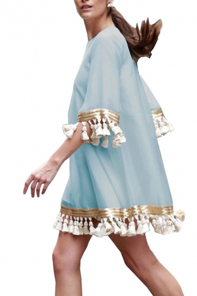 Street Trendy Ladies' Bell Sleeve Macrame Trim Plain Short Swing Dress