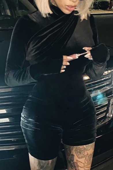

Trendy Chic Black Glove Sleeve Mock Neck Tiered Zipper Back Velvet Tight Rompers for Women, LM573534