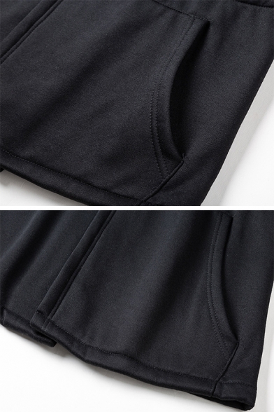 Unique Drawstring Waist Long Sleeve Open Front Solid Color Black Loose Pullover Hoodie