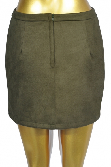 Women's Basic Plain Mid-Rise Button Down Zipper Back Corduroy Mini Bodycon Skirt