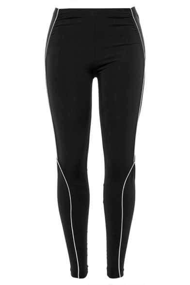 Women's Casual Gym High Rise Contrasted Piped Reflective Long Skinny Leggings in Black