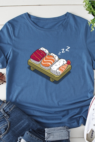 Womens Casual Cute Sushi Food Pattern Short Sleeve Round Neck Loose Fit T-Shirt