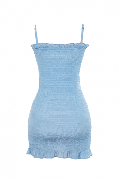 Womens Casual Plain Light Blue Stringy Selvedge Trim Spaghetti Strap Mini Ruched Party Dress