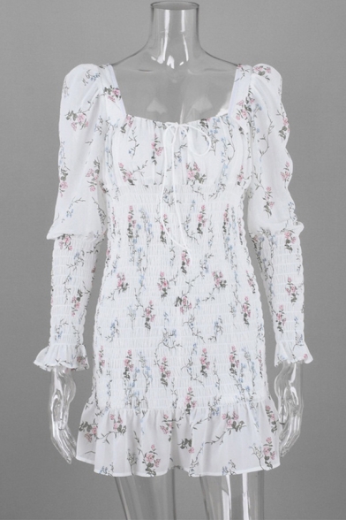 Womens Chic Floral Printed Sweetheart Neck Long Sleeve White Mini Chiffon Dress