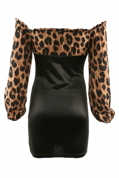 Womens Classic Leopard Patch Off the Shoulder Lantern Long Sleeve Ruched Mini Fitted Dress