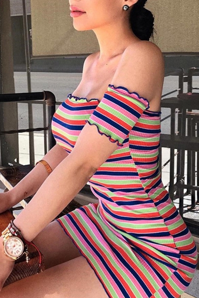 Womens Classic Pink Stripe Printed Lettuce Trim Off Shoulder Mini Fitted Club Dress