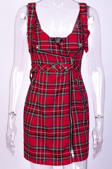 Womens Classic Plaid Adjustable Straps Zip Embellished Belted Mini A-Line Overall Dress