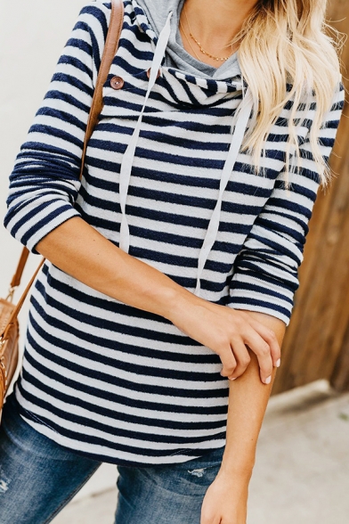 Womens Classic Stripe Printed Cowl Neck Oblique Button Embellished Long Sleeve Slim Fit Daily Wear Hoodie