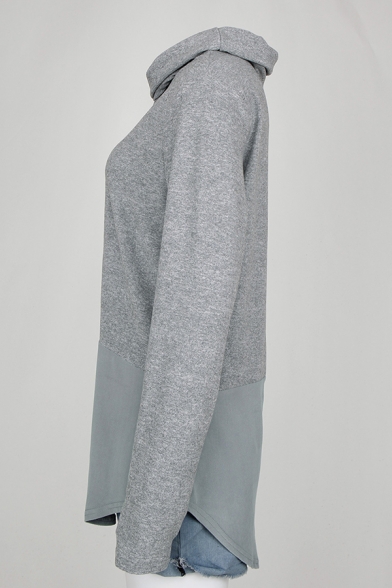 Womens Color Block Drawstring Cowl Neck Long Sleeve Curved Hem Gray Oversized Thin Sweatshirt