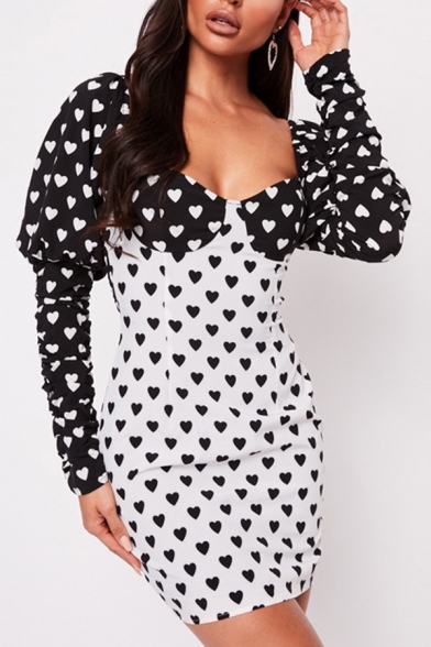 Womens Fashionable Allover Heart Pattern Color Block Puff Sleeve Backless Black and White Mini Sweetheart Dress for Club