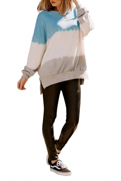 Womens Fashionable Color Block Long Sleeve Side Split Loose Fit Tunic Pullover Sweatshirt