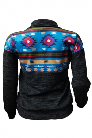 Womens Fashionable Geometric Pattern Long Sleeve Half Zip Casual Sweatshirt