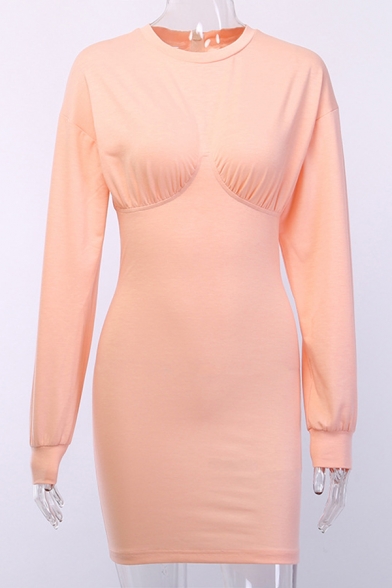 Womens New Stylish Plain Pink Long Sleeve Crew Neck Knit Mini Bodice Party Dress