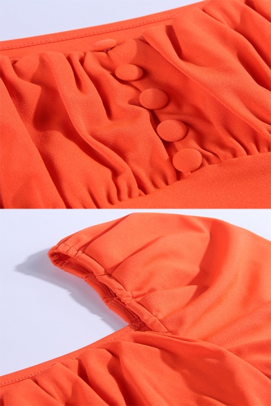 Womens Popular Orange Solid Color Puff Sleeve Ruched Detail Button Front Mini Party Dress