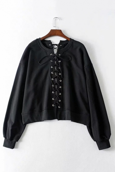 Womens Sexy Black Lace Up Front Long Sleeve Loose Boyfriend Pullover Sweatshirt