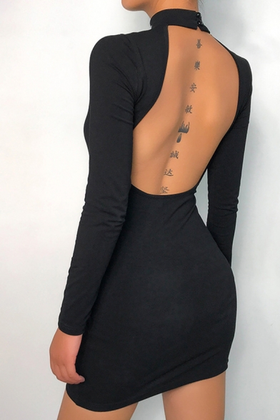 Womens Sexy Fashion Letter Printed Mock Neck Open Back Long Sleeve Black Mini Bodycon Dress