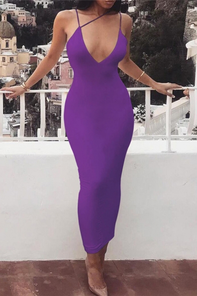 Womens Sexy Plain Plunge V Neck Maxi Strappy Bodycon Dress for Party