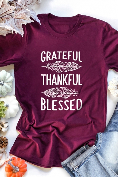 Womens Simple Letter GRATEFUL THANKFUL BLESSED Short Sleeves Graphic T-Shirt