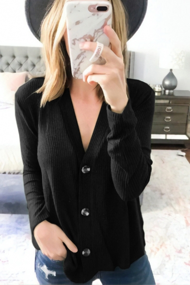 Womens Simple Plain Long Sleeve V-Neck Button Front Knit Cardigan Coat
