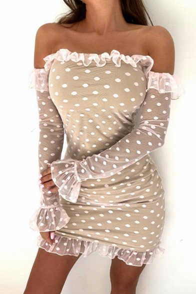 Womens Simple Polka Dot Pattern Ruffled Off Shoulder Long Sleeve Zipper Back Mini Tulle Dress