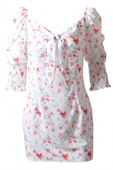 Womens Trendy Floral Printed Sweetheart Neck Knot Front Puff Half Sleeves Mini Fitted Dress