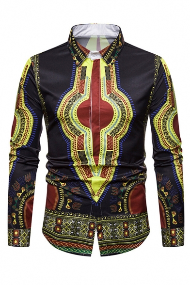 African Fashion Tribal Pattern Long Sleeves Single Breasted Slim-Fit Retro Shirt