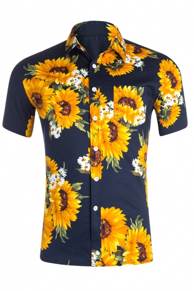 Allover Sunflower Printed Short Sleeve Button Up Summer Holiday Shirt for Men