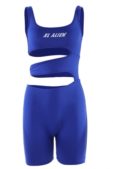 Athletic Girls' Cool Sleeveless Letter KL ALIEN Print Hollow Out Plain Tight Tank Shorts Rompers