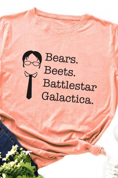 Casual Letter BEARS BEETS BATTLESTAR GALACTICA Print Rolled Short Sleeve Graphic T-Shirt