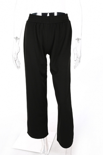 Casual Punk Girls' Elastic Waist Contrast Piped High Cut Side Long Baggy Wide Pants in Black