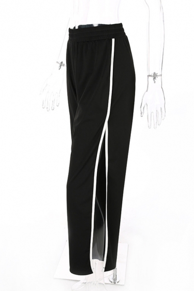 Casual Punk Girls' Elastic Waist Contrast Piped High Cut Side Long Baggy Wide Pants in Black
