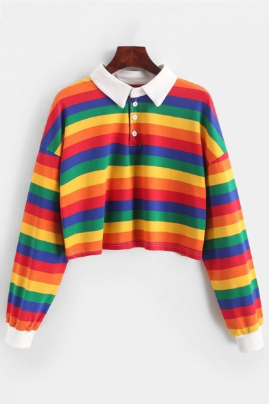 Chic Rainbow Striped Print Long Sleeve Button Front Loose Fit Cropped Polo Shirt