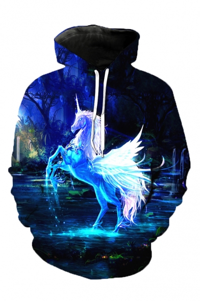 Cool 3D Unicorn Printed Long Sleeve Blue Hoodie with Pockets