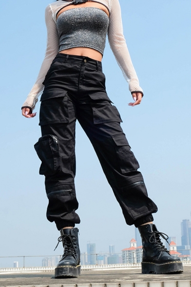 Cool Casual Mid Rise Utility Cuffed Ankle Black Baggy Cargo Pants for Women